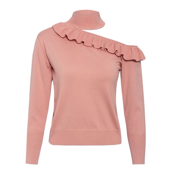 Shoulder Cut Out Ruffle Knit High Neck Pink Top - Picture 5 of 8